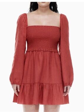 Aritzia Wilfred Rust Red Smocked Ruffle Mini Dress